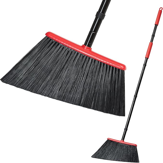 JEHONN Outdoor Broom Heavy Duty with 55 Inches Long Handle, Household Collapsible Angle Brush for Sweeping Indoor Kitchen Patio Shop Outside Garage Lobby Garden Deck Hardwood Floors