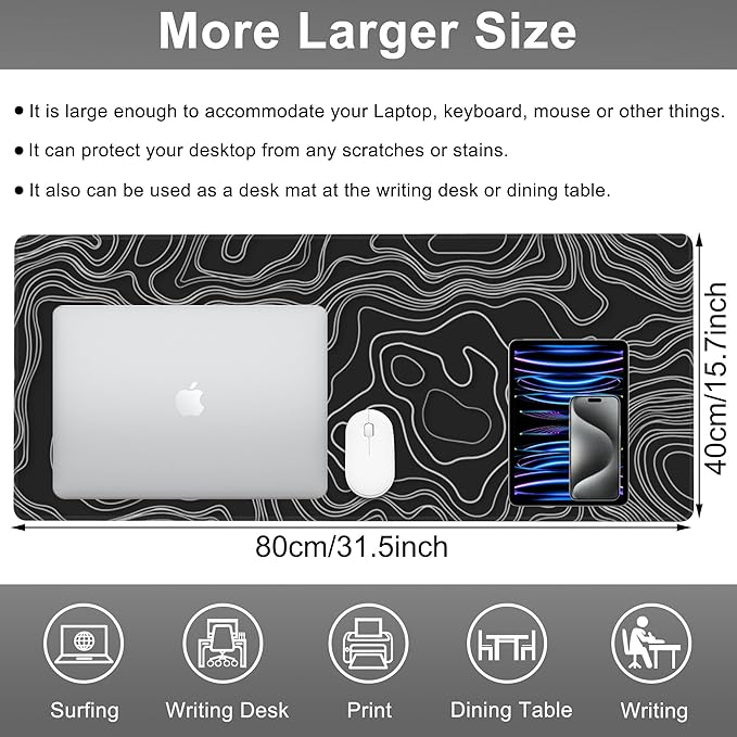 Mouse Pad, Large Mountain Topographic Terrain Map Desk Mat, Extended Non-Slip Gaming Keyboard Mousepad Desk Pad, Thick Stitched Edges Waterproof Mouse Mat 31.5"x15.7" (White Topographic Line Art)