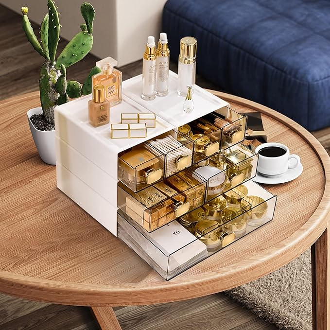 Stackable Desk Organizer with Drawer - 13" Wide Storage Drawer - Plastic Clear Desktop Organizer for Office, Classroom, Make Up (White, L-1 Drawer, 1 PACK)