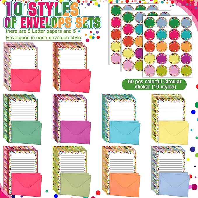 TaoBary 160 Pcs Stationery Paper Set 50 Double Sided Stationery Papers with 50 Matching Envelopes and 60 Round Dot Sticker, 10 Design(Dot,5.5 x 8.25 Inch)