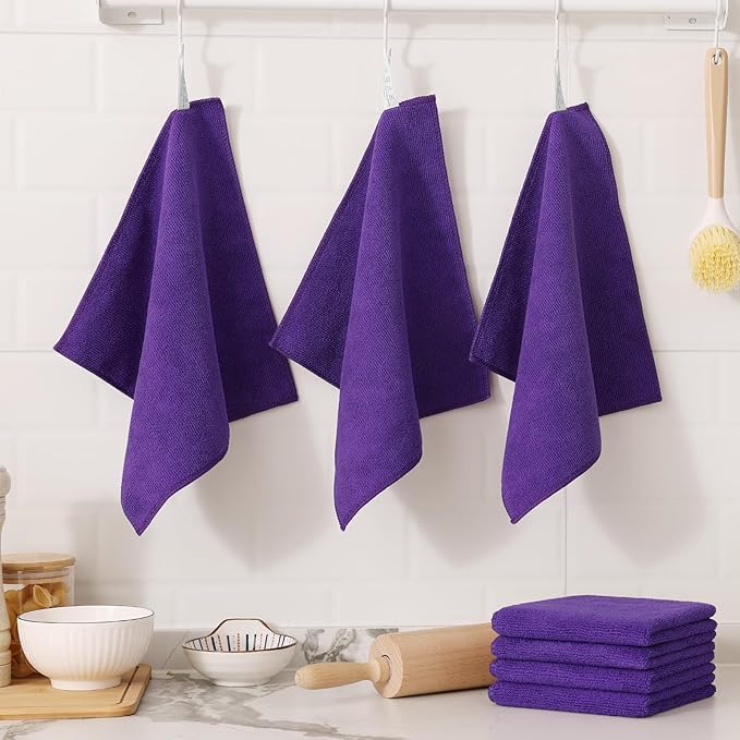 Kitinjoy 12 Pack Microfiber Cleaning Cloth(12 x 12 Inches, Purple), Ultra Soft and Absorbent Cleaning Rags, Reusable and Non-Linting dust Removal Cleaning Cloths for Car, House, Kitchen