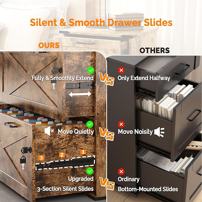 VINGLI 2 Drawer File Cabinet with Lock, Home Office Filing Organizer, for Letter Legal A4 Size File Folder Storage, Modern Farmhouse, Wood Lateral Filing Cabinet, Archivador (Rustic Brown)