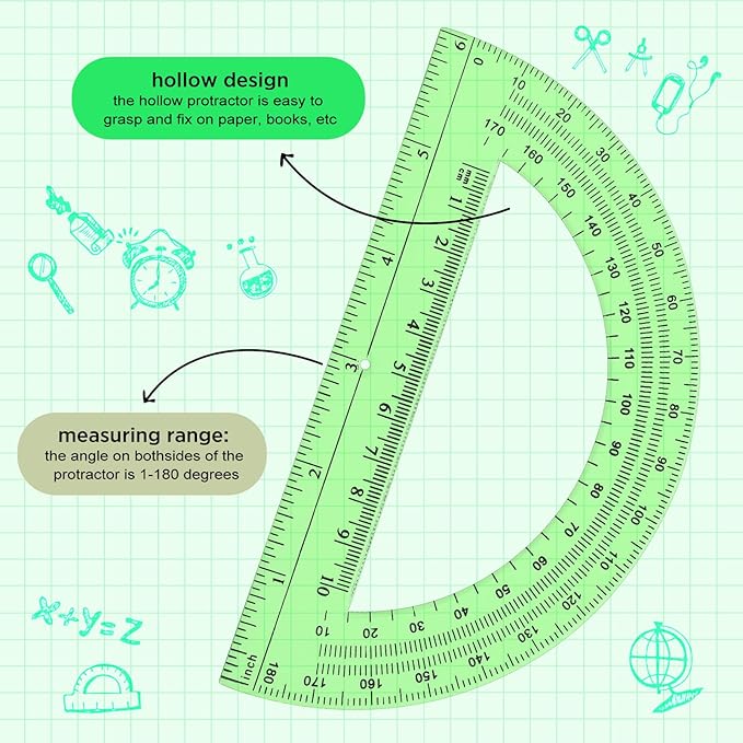 Zonon 2 Pack 12'' Plastic Ruler and 6'' Plastic Protractor Set Clear Ruler Protractor Set Math Geometry Supplies for School Classroom Home Office Drawing(Green)