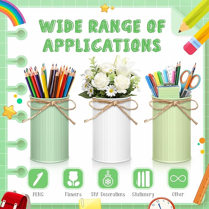 Domensi 6 Pcs Sage Green Pen Holder Cup for Desk Pencil Holder Marker Pen Metal Organizer Wedding Table Centerpiece Small Galvanized Metal Tin Vases for Artificial Flowers Office Stationery Storage