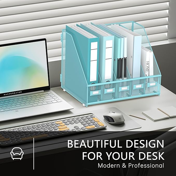 DALTACK Desk Organizers Metal Magazine File Holder with 5 Vertical Compartments Folder Storage Binder Organizer for Office Home School Organization, Blue Plus
