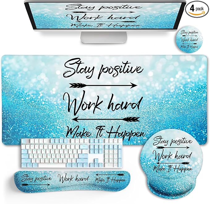 Desk Mat Pad, XXL Large Gaming Mouse Pad with Wrist Rest Wrist Support, Ergonomic Mouse Pad, Keyboard Wrist Rest, Coaster, Home Office Desk Accessories Decor Supplies, Stay Positive