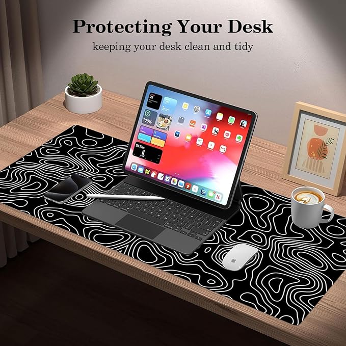 Black Topographic Desk Pad Protector, Stitched Edges Mouse Pad, Large Office Desk Mat, Non-Slip Desk Blotter, Laptop Desk Pad, Desk Writing Pad for Office and Home (31.5" x 15.7 ")