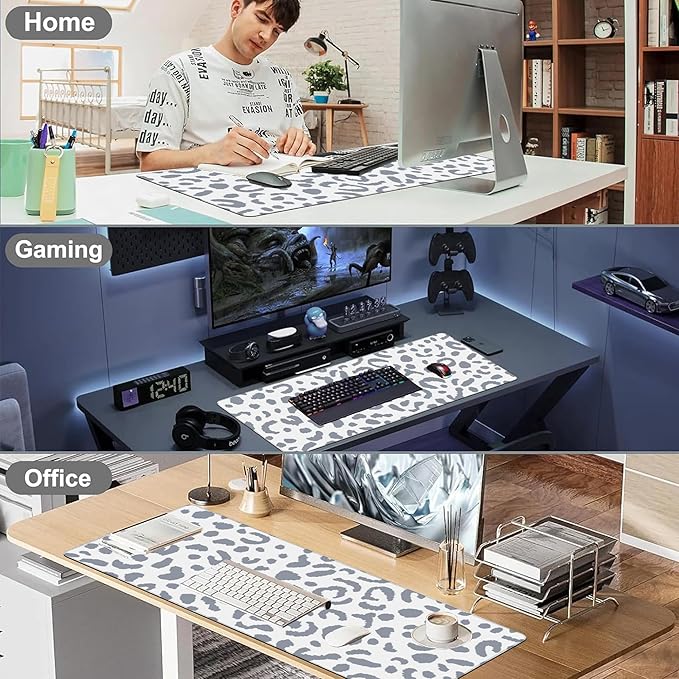 Desk Pad, Abstract Grey Leopard Prints Extended Large Gaming Mouse Pad for Desk XXL, Large Desk Mat for Desktop with Non-Slip Rubber Base Stitched Edges for Computer Keyboard Home Office 35.4"X15.7"
