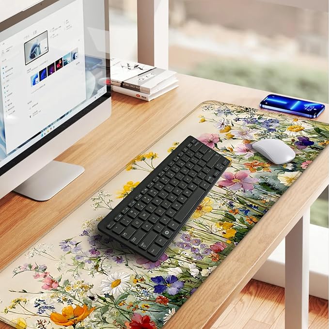 31.5" x 11.8" Watercolor Floral Mouse Pad – Vibrant Wildflower Garden Desk Mat with Daisy, Poppy & More – Extended Non-Slip Mouse Pad for Home Office Decor