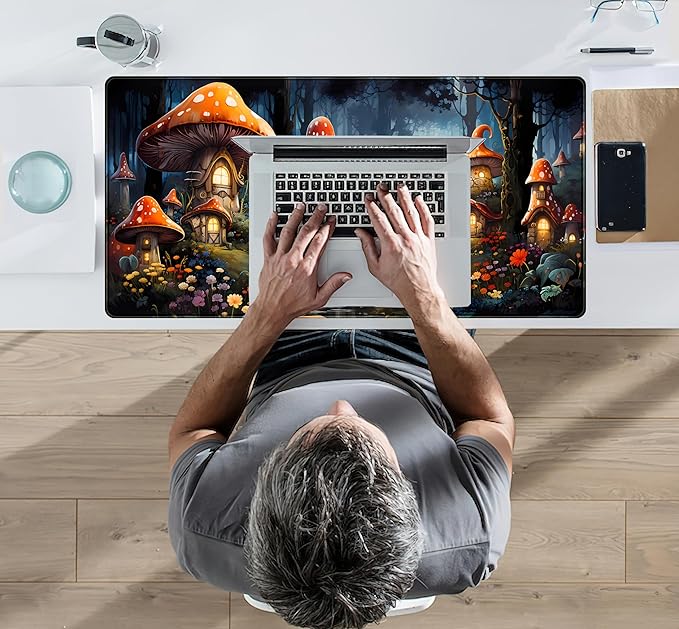 Cute Anime Mushroom Desk Pad Floral Desk Mat, XXL Large Extended Mousepad Gaming Mouse Pad Computer Mat with Stitched Edges, Fantasy Office Decor Laptop Keyboard and Mouse Mat, 31.5x15.75 in
