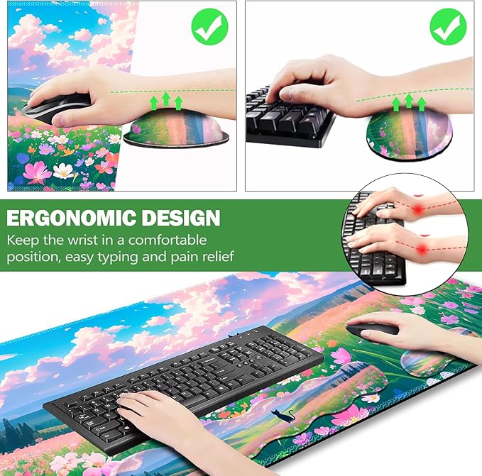 ARTSO Keyboard Wrist Rest Large Mouse Pad Wrist Support, 4 in 1 Memory Foam Keyboard Pad Desk Mat Set, Ergonomic Wrist Rest Cushion for Home Office Gaming-Cat and Flower Sea