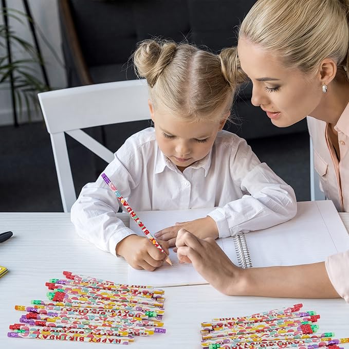 Kolewo4ever 200Pcs Happy Birthday Pencils - Bright Wooden Pencils with Top Erasers for Kids & Adults - Party Favors & School Supplies