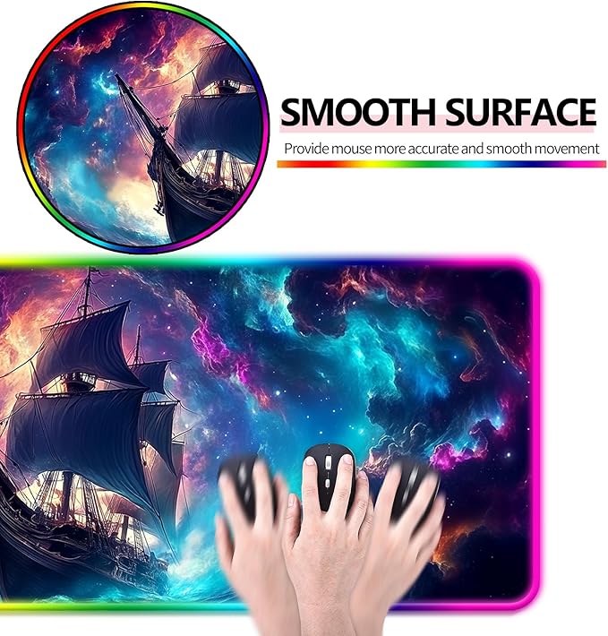 RGB Fantasy Pirate Ship Gaming Desk Mat, Computer Keyboard Large Extended Long LED Mouse Pad for Office and Home, XL (W01)