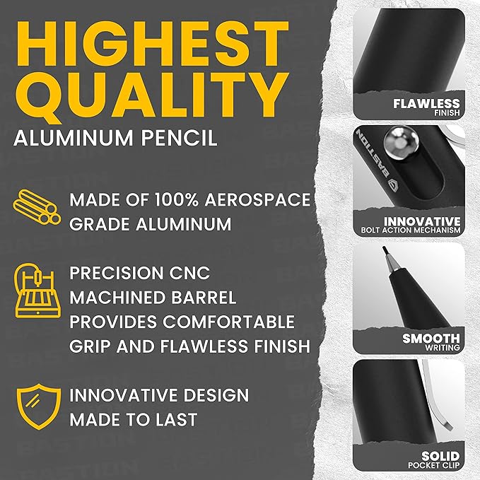 BASTION® Luxury Mechanical Pencil, Professional Lightweight Medium Point Aluminum Pencil for Birthday Gift includes 20 x 0.77mm Lead Refills - Black