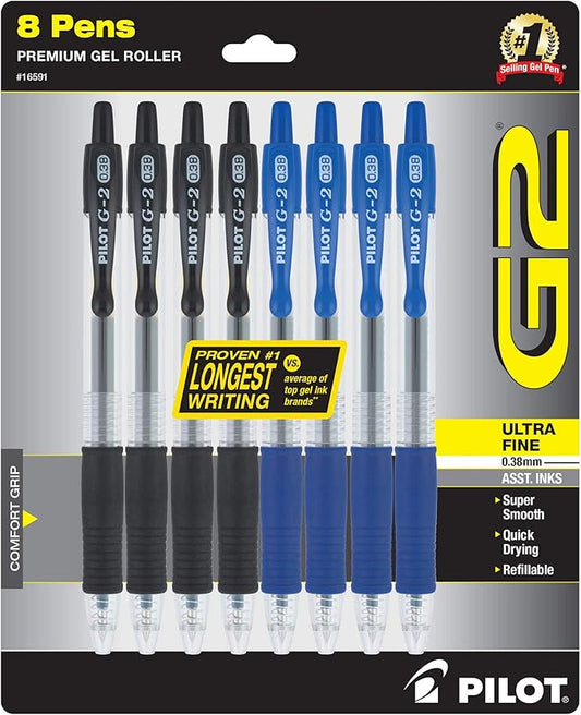 Pilot, G2 Premium Gel Roller Pens, Ultra Fine Point Gel Pens 0.38 mm, Pack of 8, Black & Blue
