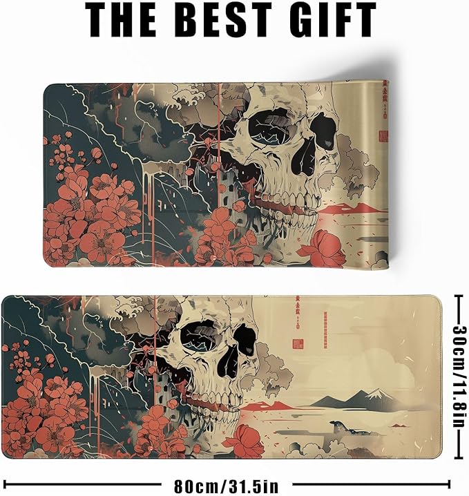 Skull Mouse Pad Japanese Ukiyo-e Mouse Pad XL Anime Big Mouse Pads for Desk Large Gaming Large Mouse Pad for Men Desk Pad with Stitched Edges Non-Slip Large Computer Mat, 31.5x11.8 in