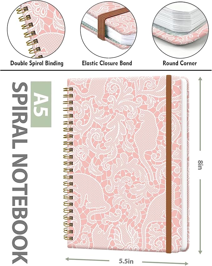 Spiral Journal Notebook for Women, Hardcover A5 College Ruled Notebook, 120 Pages, Thick Paper, Cute Lined Journal for School, Office & Work, 6 x 8.4 in(Pink Leopard)