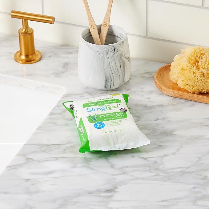 Simpleaf Flushable Wet Wipes Aloe Vera| Eco-Friendly, Paraben & Alcohol Free | Hypoallergenic & Safe for Sensitive Skin | Soothing Aloe Formula | (12 x 25 Counts Convenient Pack) 300 Counts Total