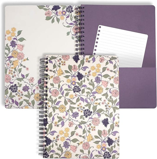 Steel Mill & Co Cute Floral Mini Spiral Notebook, 8.25" x 6.25" Journal with Durable Hardcover and 160 Lined Pages, Purple Vine Ditsy
