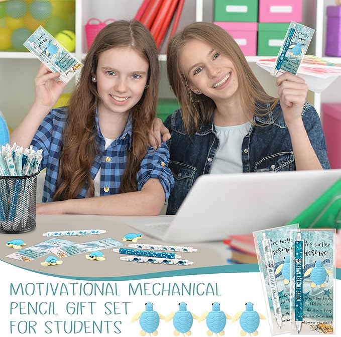 60 Sets Christmas Inspirational Gifts Turtle Pencils Bulk 6 Styles 0.7 mm Mechanical Pencils with Erasers Positive Cards for Xmas Holiday Student Teacher Coworker School Office Supplies