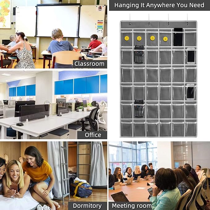 36 Clear Pockets Classroom Pocket Chart for Cell Phones and Calculator Holder, Pocket Chart for Classroom Phone Holder with Number Stickers and Hooks (Grey)