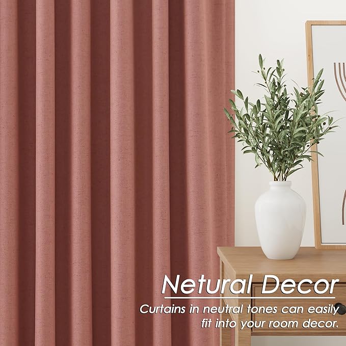 100% Blackout Linen Curtains 108 Inch Length 2 Panels Canyon Rose Drapes Loop Pocket Rod Pocket Flax Linen Drapes Thermal Insulated Total Blocking Curtains for Dining Room High Ceiling 52X108