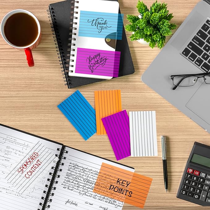 3"x5" Lined Transparent Sticky Notes, 4 Pads 4 Colors Large Clear See Through Translucent Self-Adhesive Post Memo Reminder Tabs with Lines for Office Women College School Students Classroom Supplies