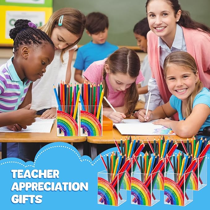 Sherr 10 Pcs Pencil Shaped Pen Holders, Acrylic Pencil Organizer Cups, Cute Creative Stationery Storage, Appreciation Gifts for Teacher Student School Classroom Office Home Desktop Supplies (Rainbow)