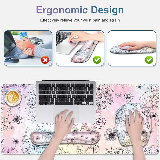 Large Mouse Pad, Keyboard Wrist Rest Set, Ergonomic Mouse Pad with Wrist Support, Desk Mat with Stitched Edges Extended Desk Pad Waterproof Desk Mat for Home Office Game I Dandelion & Sunflower