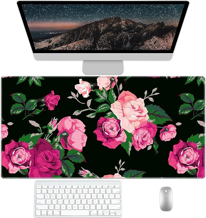 Pink Rose Desk Pad Protector, Stitched Edges Flower Mouse Pad, Large Office Mat, Non-Slip Blotter, Laptop Pad, Floral Writing Pad for Office and Home (31.5" x 15.7")