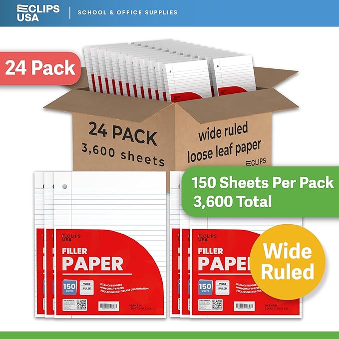 Wide Ruled Notebook Paper, Loose Leaf Paper, 10.5” x 8” Filler Paper, 56 gsm, 3600 Sheets, 150 Per Pack (24 Pack)