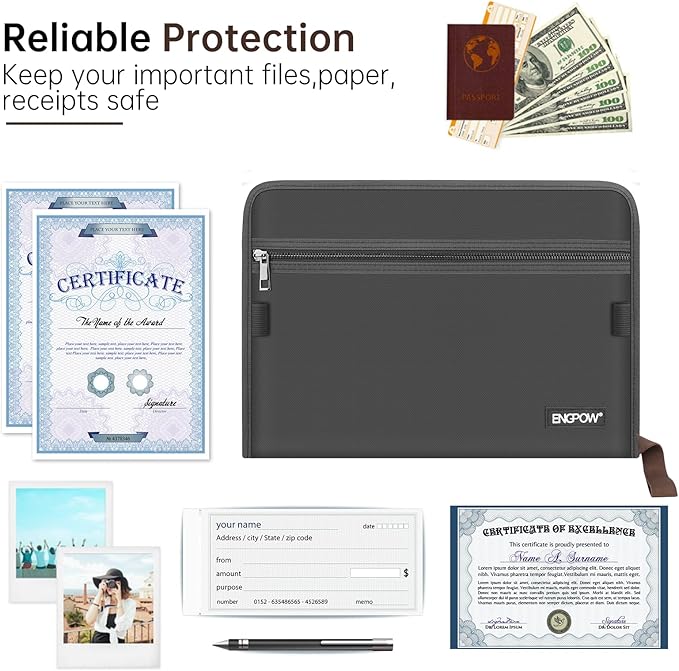 ENGPOW Accordion File Organizer,Fireproof 13 Pockets Expanding File Folder,Document Organizer Folder with Zipper＆Labels,Portable Home Travel Safe Storage for Letter A4 Files and More,Gray