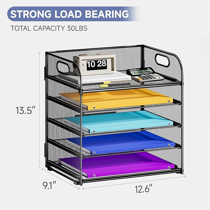 5 Tier Paper Organizer with Handle, Metal Mesh Desk Organizer File Folder Paper Letter Tray Desktop Document Sorter for Classroom, School, Office Accessories Organization and Storage - Black