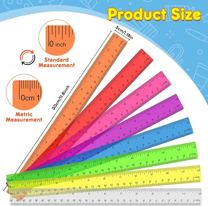 200 Pack Clear Plastic Ruler 12 Inch, Rulers Bulk for Classroom, Transparent Assorted Color Ruler with Centimeters and Inches, Metric Rulers for Kids, Ideal Back to School Office Home Supplies