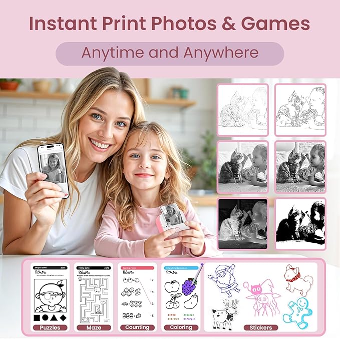 Instant Print for Kids - T02 Mini Printer, Thermarote Sticker Maker, Instant Phone Photo Printer for Study, Fun, Games, Stickers, Labels, Flashcards, Pink