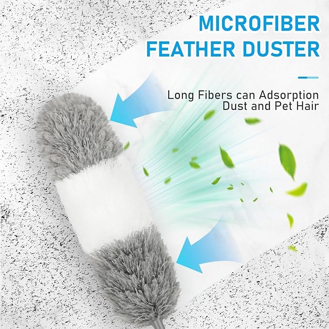 Microfiber Feather Dusters for Cleaning, Duster with 100 inch Extension Pole, Cobweb Cleaner Duster Tools with 2 Microfiber Heads, Long Aluminum Telescoping Pole for Ceiling Fan Blinds Furniture Cars