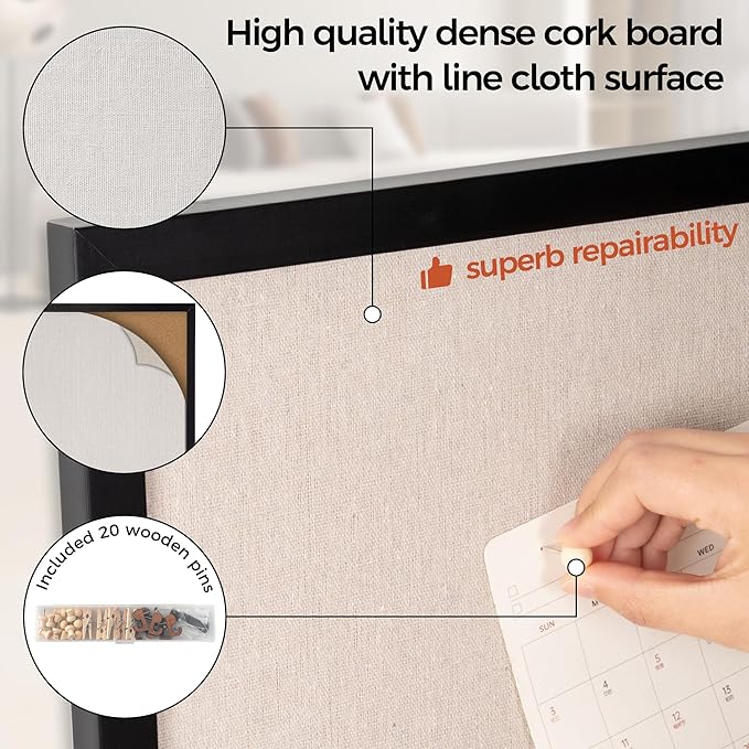 Fun Memories Cork Board Bulletin Board for Office, 20" x 30" Pine Wooden Framed Corkboard, Wall Mounted Notice Pin Board for School Home & Office, Black