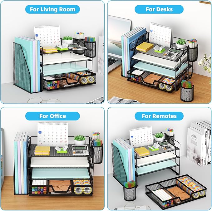 Marbrasse Desk Organizer and Accessories，4-Tier Paper Letter Tray Organizer with File Holder, Desk Accessories & Workspace Organizers with Drawer and 2 Pen Holder (Black, 15.4" x 9.1" x 8.3")
