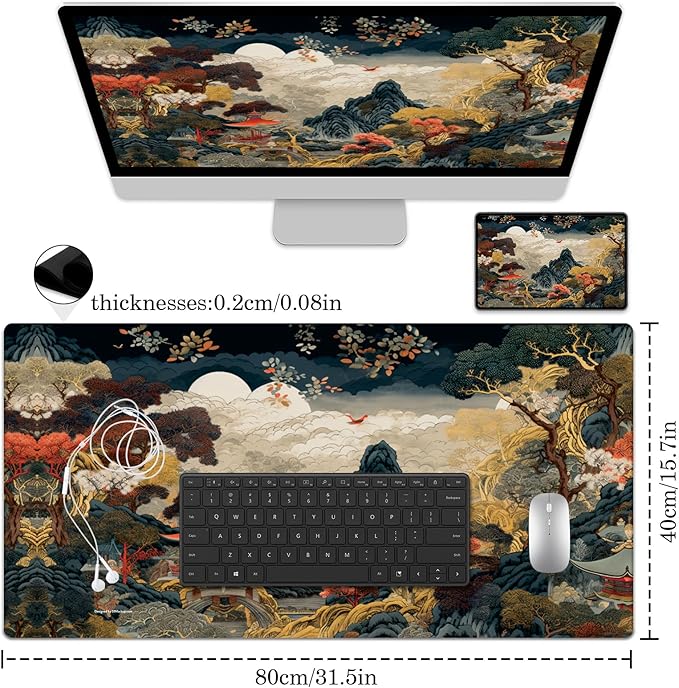 Chinese Style Desk Pad Protector, Stitched Edges Mouse Pad, Large Office Desk Mat, Non-Slip Desk Blotter, Laptop Desk Pad, Desk Writing Pad for Office and Home (31.5" x 15.7")