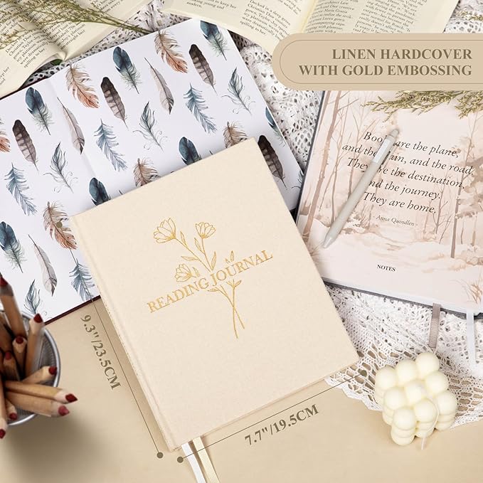 Lanpn Reading Journal Book Journal for Book Lovers Readers - Linen Hardcover Reading Log Book with 52 Book Reviews - Book Tracker Journal Reading Notebook Bookish Gifts, 9.3"x7.7", 158 Pages (Beige)