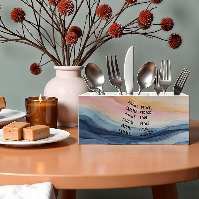 Abstract Mental Health Pencil Pen Holder for Desk, Inhale Peace Exhale Stress Wooden Pencil Holder Organizer for Therapy Office Desk Accessories, School Counselor Office Must Haves