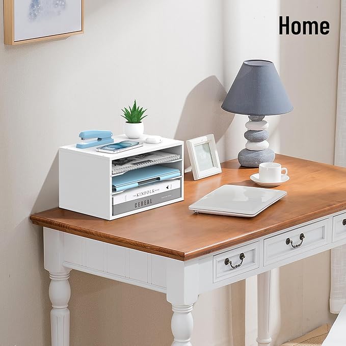 Wood Desk Organizer, 3 Tier Paper Tray Organizer for Desk with Adjustable Storage Shelves, Desktop Paper Sorter Mail Holder for Office Home Classroom, White