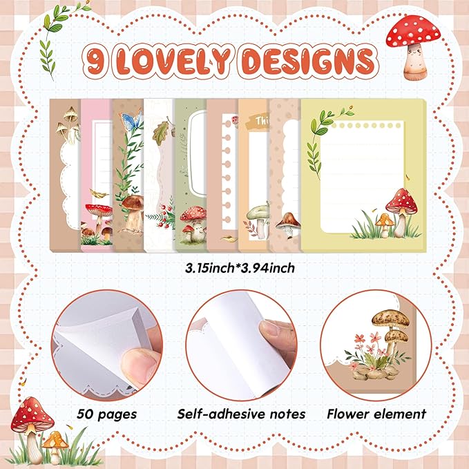 Sabary 9 Pads Cute Sticky Notes Animal Sticky Note Pads 3.15 x 3.94 Inches Colored Adhesive Memo Reminder Decor for Journal School Office Gifts(Mushroom)