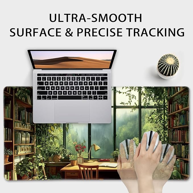 Green Library Study Room Large Gaming Mouse Pad 31.5"x15.7"｜XXL Desk Mat, Non-Slip Rubber Base & Stitched Edges - Extended Waterproof Mousepad for PC/Laptop/Office/Home Decor