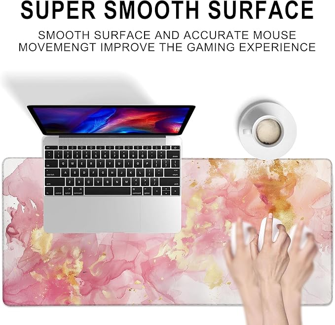 Gaming Mouse Pad, Rose and Gold Liquid Marble Large Desk Mat for Keyboard and Mouse,Non-Slip Rubber Base and Stitched Edges Desk Pad for Home Office 35.4x15.7in
