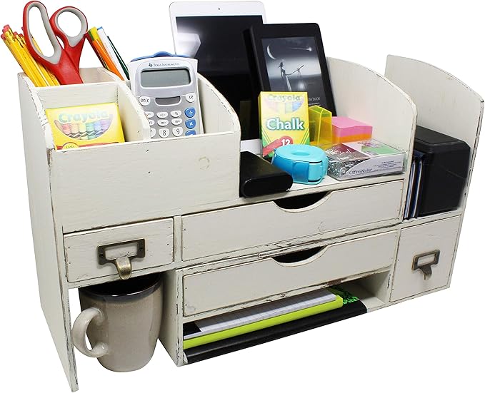 Executive Office Solutions Large Adjustable Wooden Office Desk Organizer For Desktop, Tabletop, or Counter – Wood Storage Shelf Rack – For Office Supplies, Desk Accessories, or Mail - White (WO13)