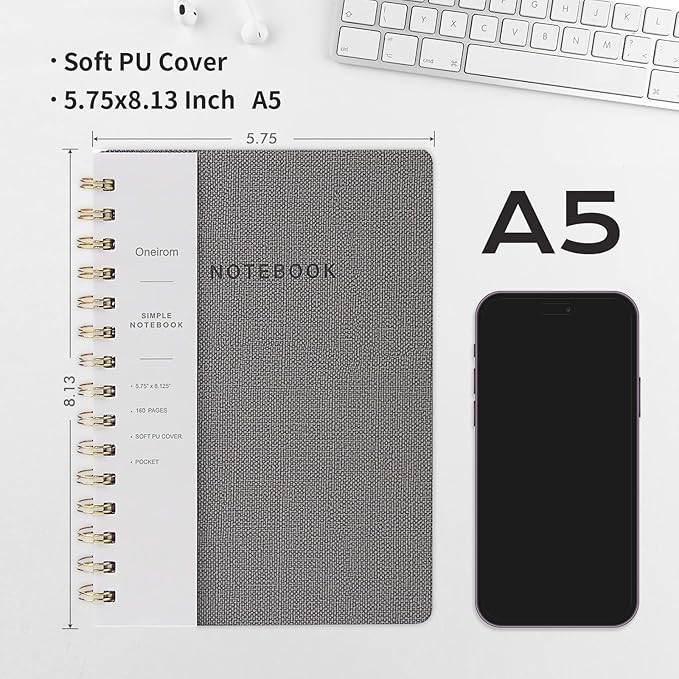 Lined Spiral Notebook College Ruled A5 Journal Book for Note Taking, 160 Pages Writing Journal for Office and Home School Supplies 5.75x8.125 inch (3pack-Grey)