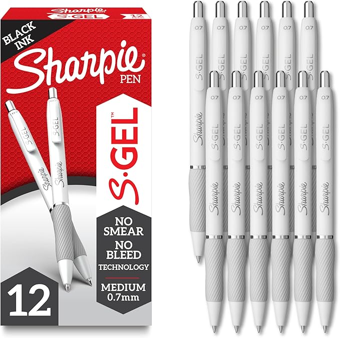 Sharpie S-Gel Gel Pens Drawing Pens Gel Ink For Journaling Writing Coloring Medium Point (0.7Mm) Pearl White Body Black Ink Pen 12 Count