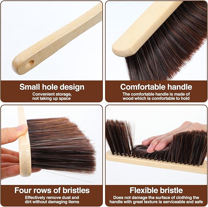 PercyEffie 8 PCS Wooden Dust Brush Bulk, Hand Broom Bench Brush with Long Wood Handle Whisk Broom, Soft Bristle Brushes for Counter/Bed/Sofa,Car/Clothes/Fireplace(Brown)