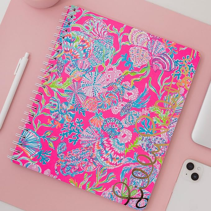 Lilly Pulitzer Large Pink Hardcover Spiral Notebook, 11" x 9.5" with 160 College Ruled Pages, Shell Me Something Good